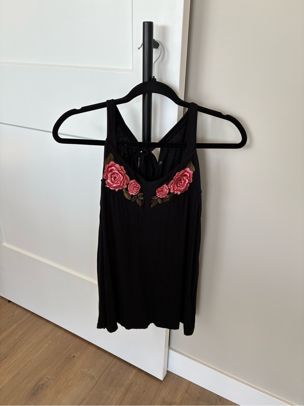 Suzy Shier Black Camisole with Pink Rose Embroidery